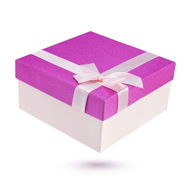 Closed pink and violet gift box isolated