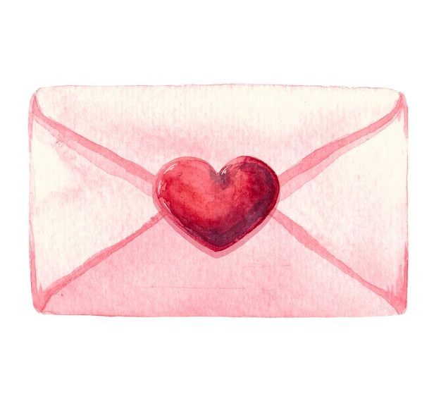 Photo closed postal envelope with red heart symbol of romance hand drawn watercolor