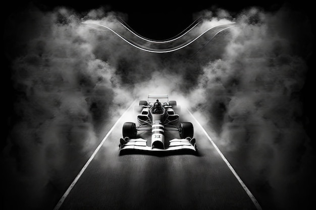 Photo closed racing track for car with exhaust fume double exposure on black background