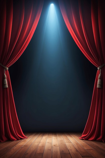 閉じた赤いカーテン舞台の背景はスポットライトのビームで照らされた劇場のカーテンです
