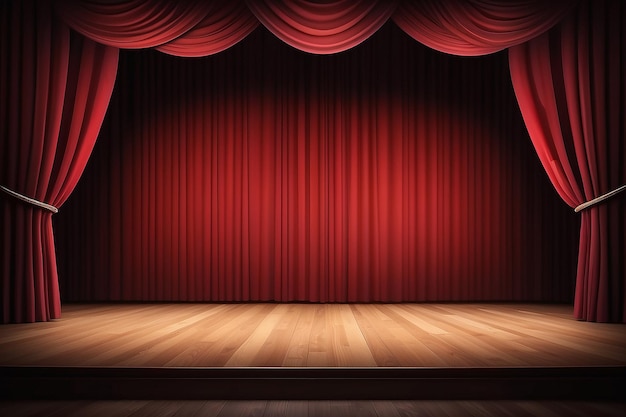 Closed red curtain stage background spotlight beam illuminated theatrical drapes