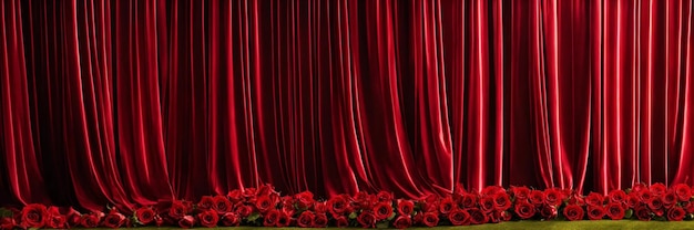 Closed red theater or cinema curtain on stage with red roses