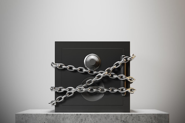 Closed safe box standing against a white wall on a marble table. Chains. Concept of security and economics. 3d rendering mock up