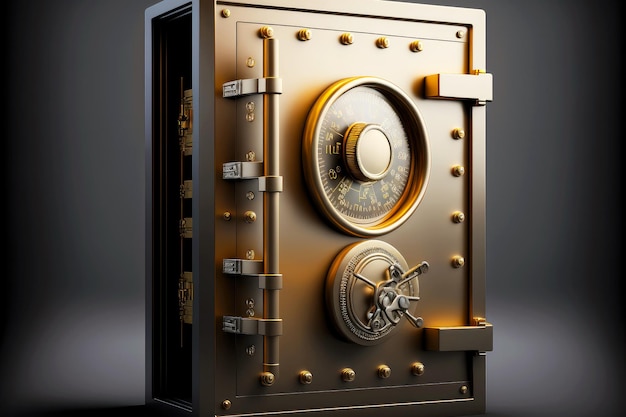 Photo closed safe with combination lock for theft protection in bank vault door