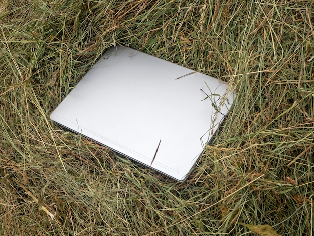 Closed silver laptop lies on a haystack. Close-up, modern technologies in the countryside.