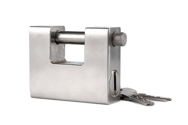 Closed silver padlock isolated, object