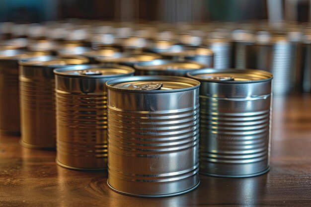 Closed tin cans on brown table