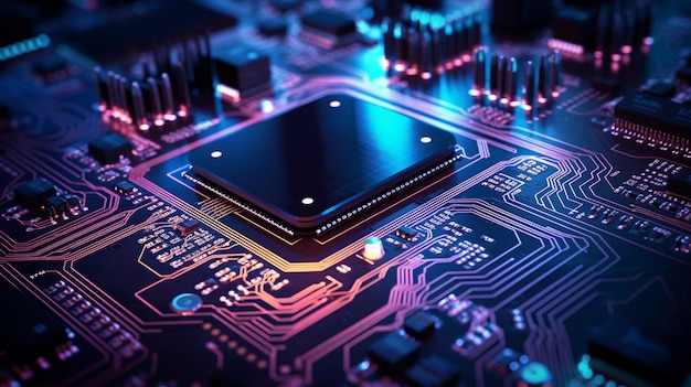紫色の照明で回路板上の CPU を閉じた技術革新と未来のコンセプト
