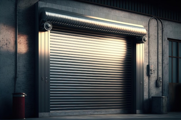 A closed up garage door in front of a building generative AI