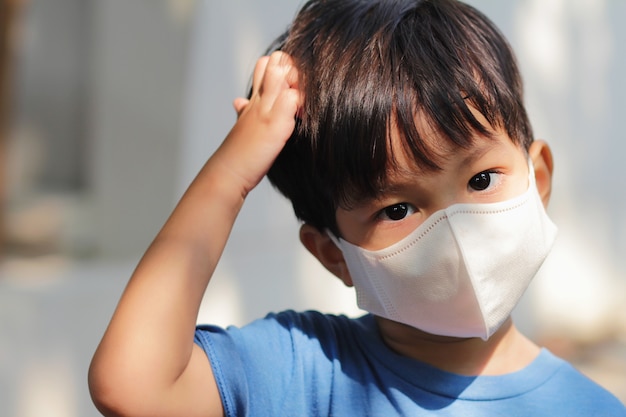 Closed up head shot of kid  wearing mask. Asian little boy in Corona virus outbreak and pm 2.5 crisis concept.