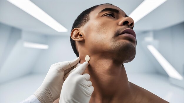 Photo closed up the skin tags or acrochordon on neck man isolated on white background