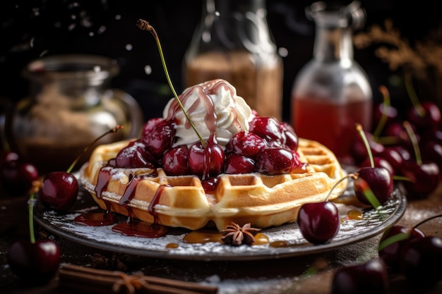 Closed up of strawberry cake and waffle with fruit nordic style