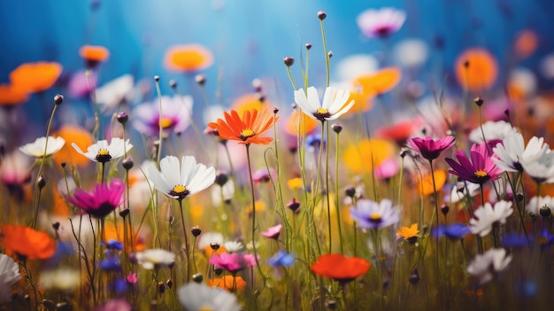 Closed Up of vibrant wild flowers in a Field background