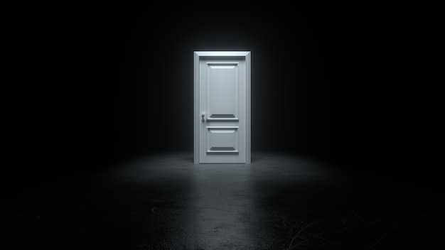 Closed white door in a dark room with bright light