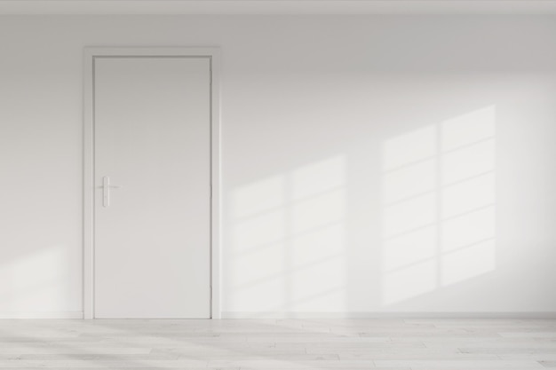 Closed White Door on a White Wall in Empty Room 3d Rendering