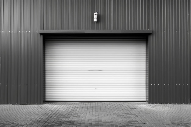 Фото Закрытая белая дверь с роликовыми жалюзи автоматическая металлическая роликовая дверь, используемая в заводском гараже