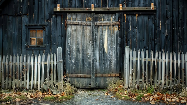 Фото Закрытая деревянная дверь и старый забор в черном амбаре