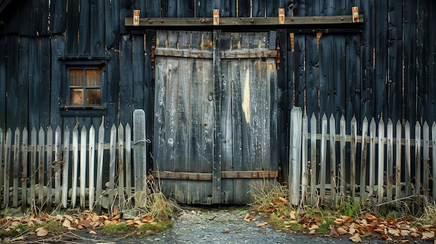 Closed wooden door and old fence in a black barn