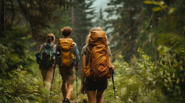 Closeknit Friends Enjoying a Hike Down a Hill in a Lush Green Forest Generative AI