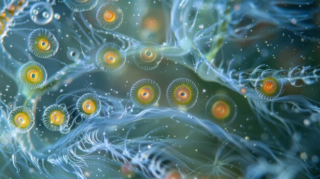 Foto uno sguardo più attento a un gruppo di rotiferi rivela i dettagli intricati delle loro ciglia che usano per