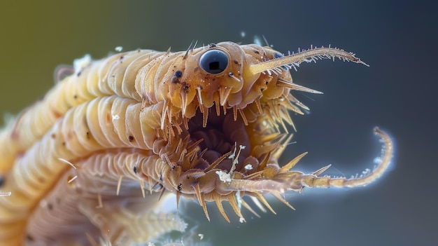 A closer look at the head of a nematode revealing its sharp needlelike teeth and dark beady eyes