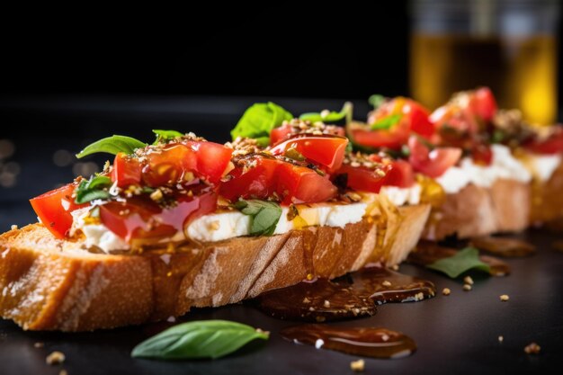 Photo closeshot of honey glazing on bruschetta slice