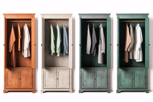 A closet depicted on a white backdrop from various perspectives