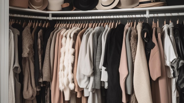 A closet full of clothes including hats and a hat
