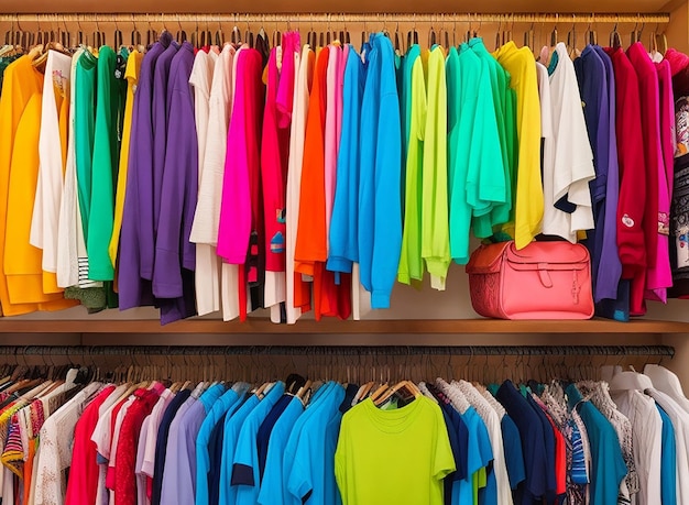 Шкаф, полный красочной одежды, включая сумку с одеждой.