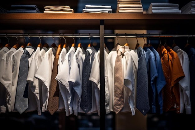 a closet full of men's shirts and ties with a tie hanging on a rack.