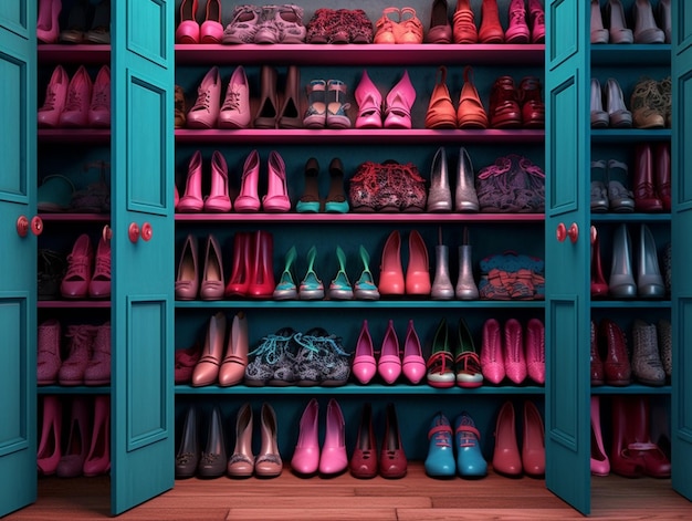 A closet full of shoes and a blue cabinet with a red knob