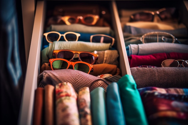 A closet full of sunglasses and a pair of sunglasses