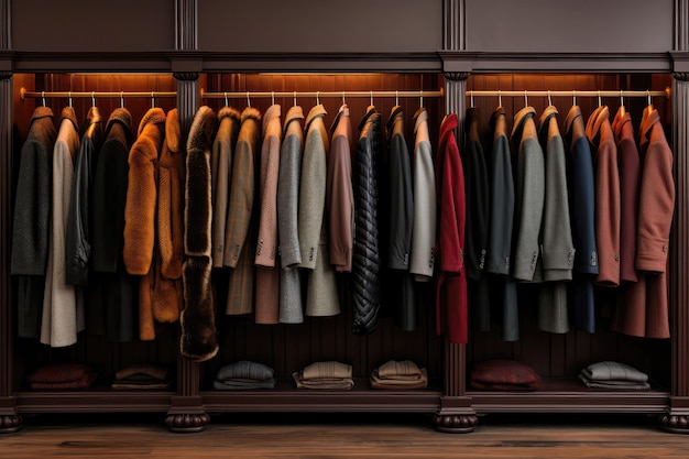 В шкафу представлены стильные зимние пальто и куртки Generative AI