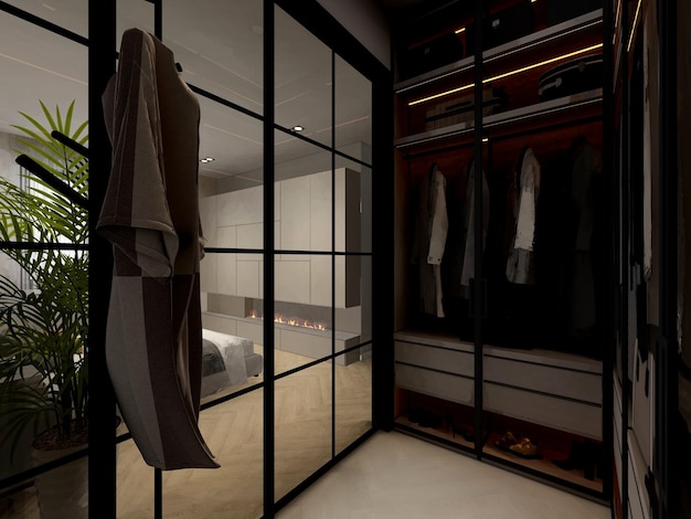 A closet with a black door and a white curtain.