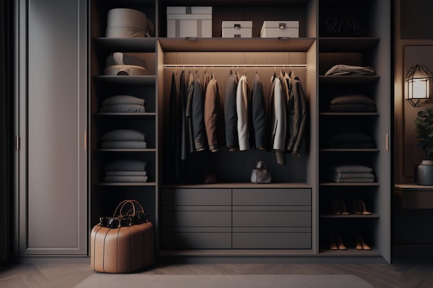 A closet with clothes hanging on the shelves and a bag that says'the best way to store clothes '
