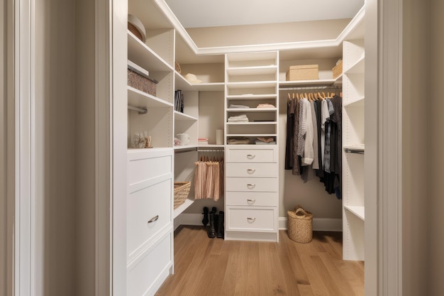 A closet with custom shelving and bins for easy sorting and access created with generative ai