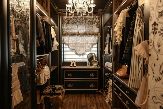 Photo a closet with a glam style and a chandelier