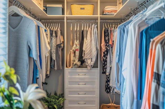 A closet with a lot of clothes hanging on it