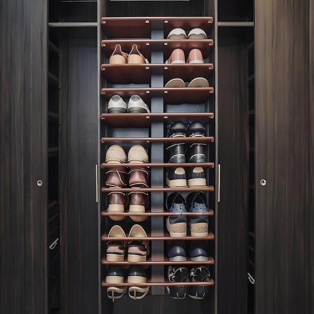 Photo a closet with a lot of shoes on the shelves