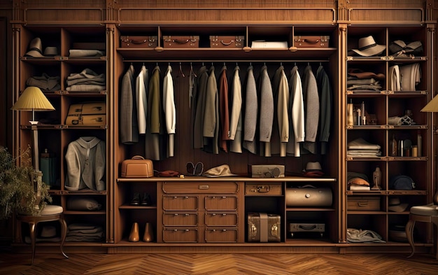 Шкаф со множеством одежды, висящей на полках