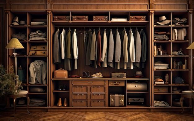 A closet with many clothes hanging on the shelves