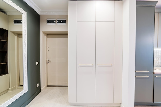 A closet with a white door in a new house