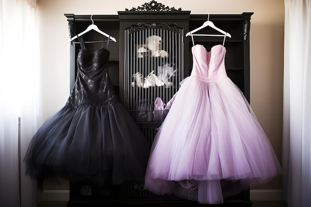 a closet with a white wedding dress and black and pink outfit an emo girl would wear and a small p