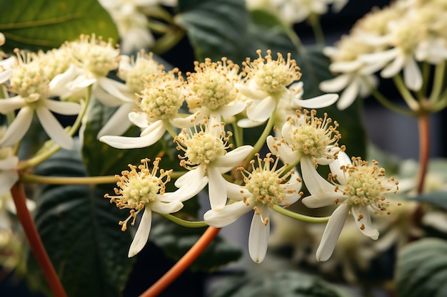 日中のヤツデの花のクローズアップショット