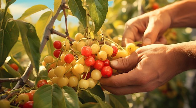 Closeuo of hand picking cherry cherries in the garden harvest for cherries