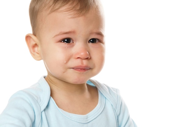 Closeuo shot of face of crying little boy in romper