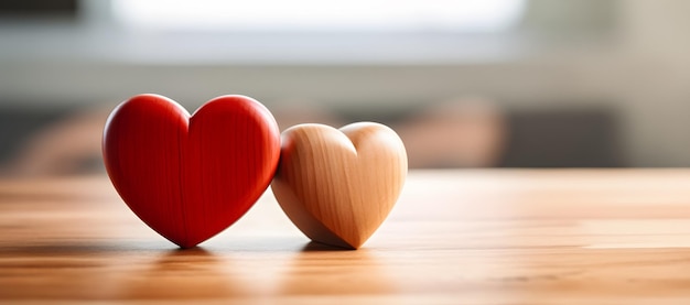 Photo closeup of 2 wooden hearts on an empty table copyspace