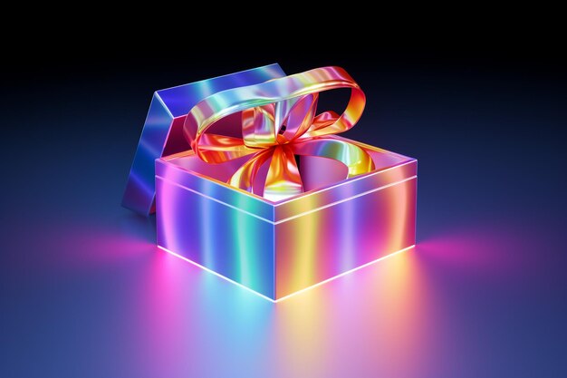 Closeup of a 3d beautiful glittering glowing packed present box in gradient shiny glossy colors