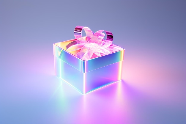 крупный план 3D красивой блестящей светящейся упакованной подарочной коробки в градиентных блестящих глянцевых цветах