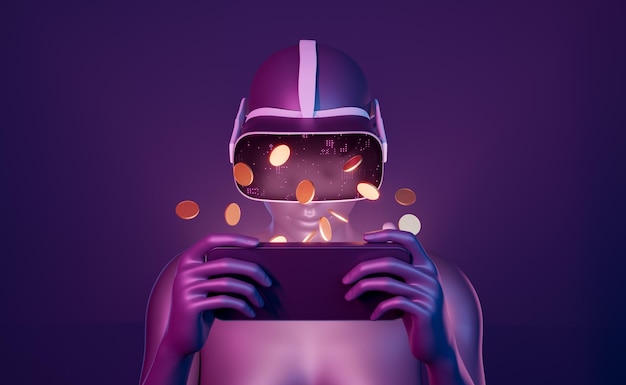 closeup of a 3d girl playing with mobile phone with VR goggles and coins